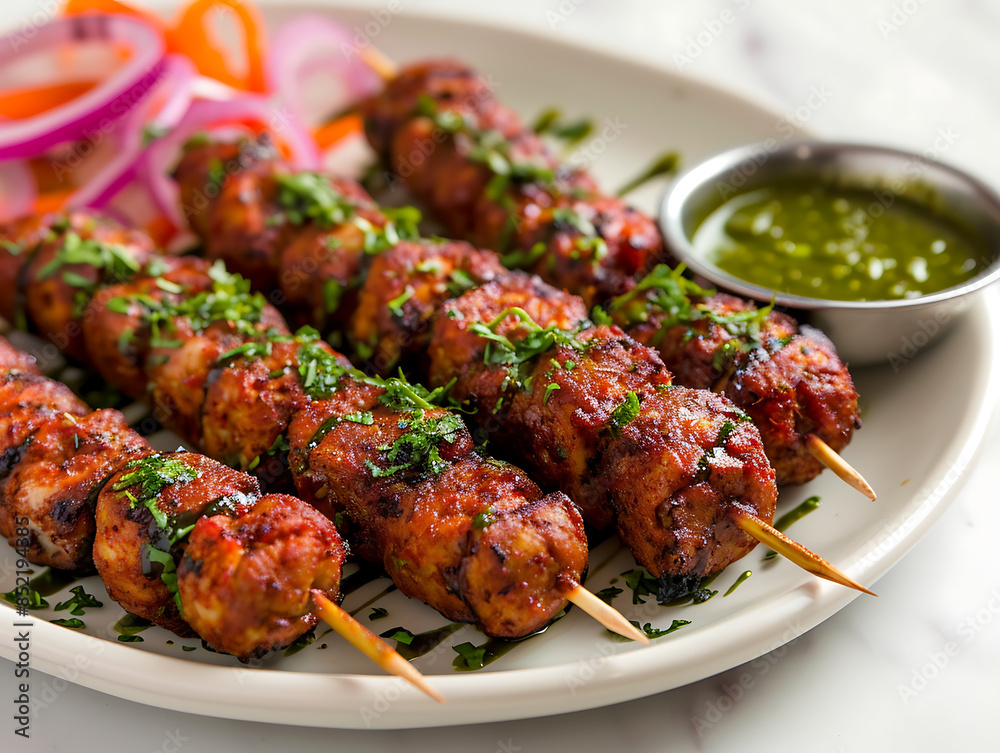 Barbecued kebab on skewers with onion and green sauce Barbecued kebab on skewers with onion and green sauce