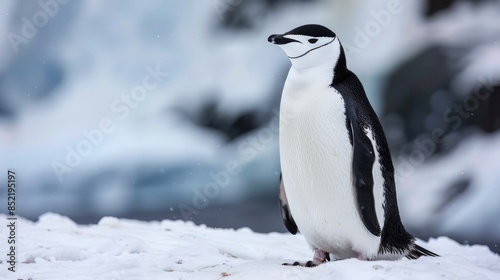 Chinstrap penguin standing on the snowy terrain of Antarctica
