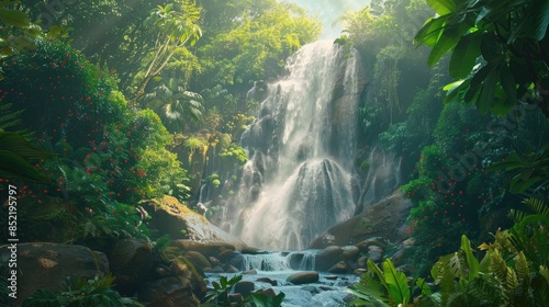 A stunning cascade waterfall makes a striking feature in the lush vibrant rainforest scenery photo