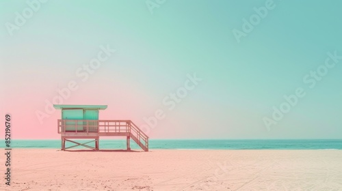 Beach with famous vintage wooden lifeguard hut in Santa Monica, California