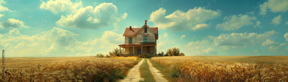 Serene Countryside Retreat Rustic House Amidst Golden Wheat Fields Under Blue Sky with Scattered Clouds A Picturesque and Peaceful Rural Homestead Enveloped by Nature Serene Countryside Retreat Rustic House Amidst Golden Wheat Fields Under Blue Sky with Scattered Clouds A Picturesque and Peaceful Rural Homestead Enveloped by Nature