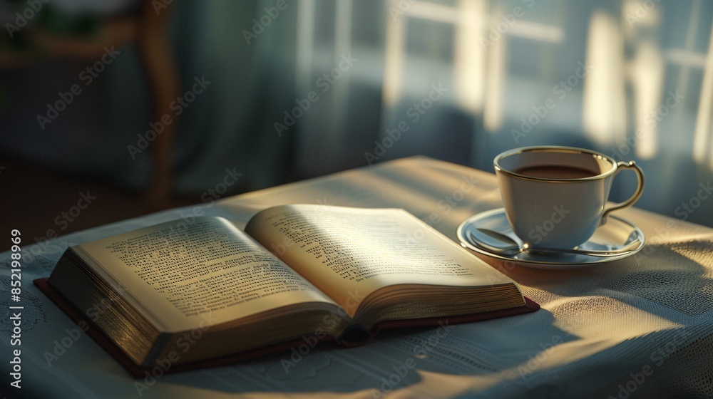 Sunlit table with a book and coffee cup in a tranquil setting Sunlit table with a book and coffee cup in a tranquil setting