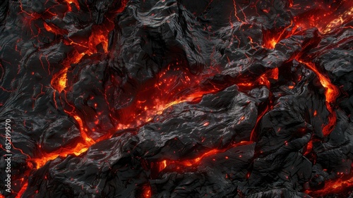 Molten lava flowing through dark rocks, glowing intensely photo