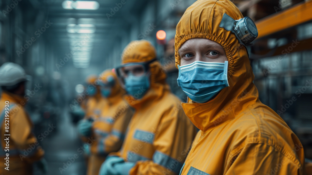 Industrial workers with face masks protected against corona virus discussing about production in factory. People working during COVID-19 pandemic Industrial workers with face masks protected against corona virus discussing about production in factory. People working during COVID-19 pandemic