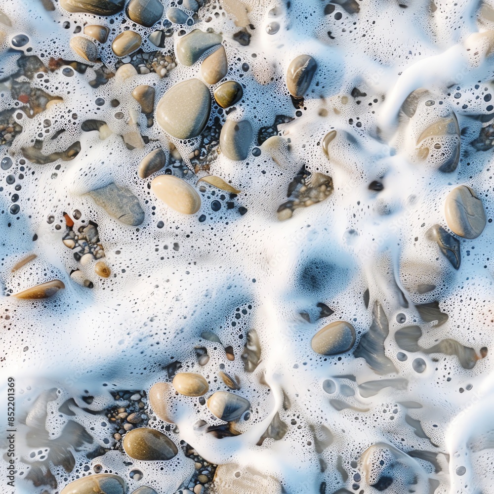 Fototapeta premium A close-up of white sea foam swirling around the shoreline pebbles, capturing the delicate textures and natural cleansing action of the ocean