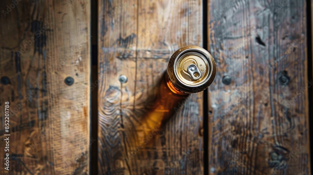 Beer can on wooden surface seen from above Beer can on wooden surface seen from above