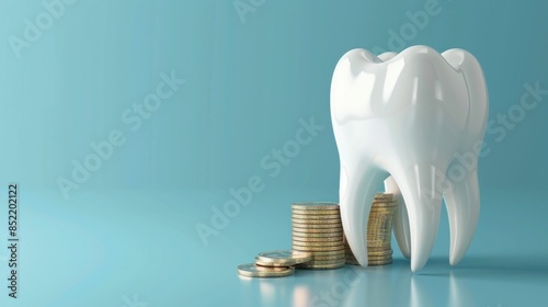 Tooth, coins and blue background concept for dental finances and savings in 3d illustration