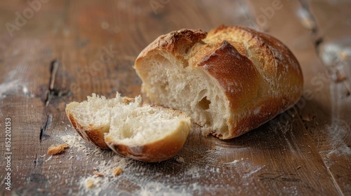 Partially consumed bread on a wooden surface with a cut piece missing a bite