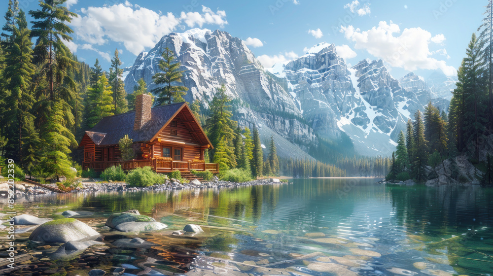 Naklejka premium Idyllic Lakeside Cabin in the Rockies