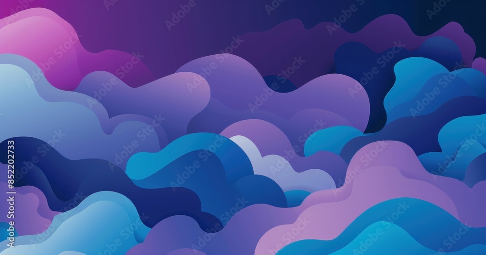 Abstract blue and purple clouds over a dark background with a blue sky, representing beauty in nature and art Abstract blue and purple clouds over a dark background with a blue sky, representing beauty in nature and art
