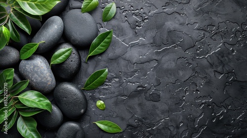 Spa background with stack of hot stones on blackboard and leaves photo