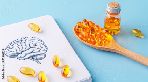 Fish oil capsules with omega 3 in a wooden spoon. Omega 3 benefits for brain