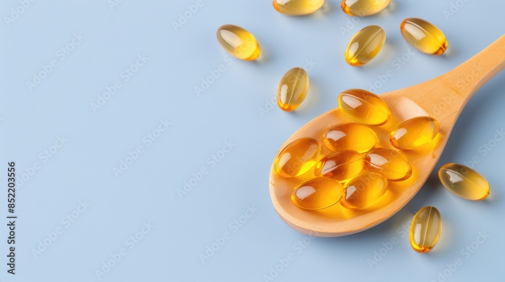 Fish oil capsules with omega 3 in a wooden spoon. Omega 3 benefits for brain Fish oil capsules with omega 3 in a wooden spoon. Omega 3 benefits for brain