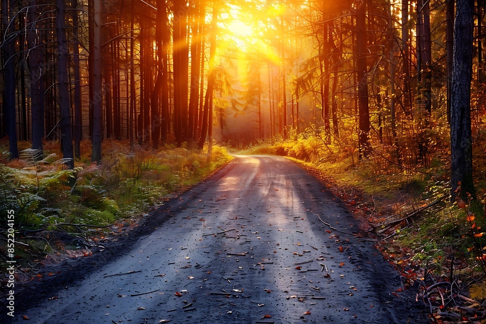 Fototapeta premium Forest Road sun shining through trees on a road