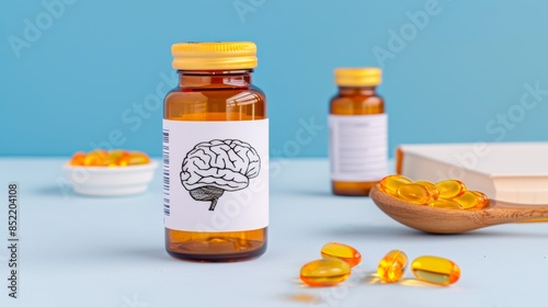 Fish oil capsules with omega 3 in a wooden spoon. Omega 3 benefits for brain
