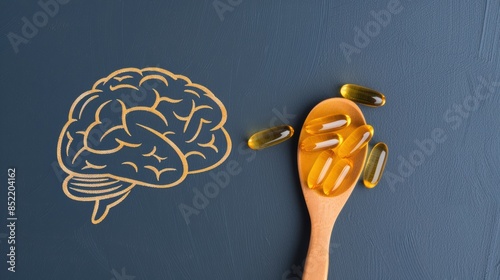 Fish oil capsules with omega 3 in a wooden spoon. Omega 3 benefits for brain