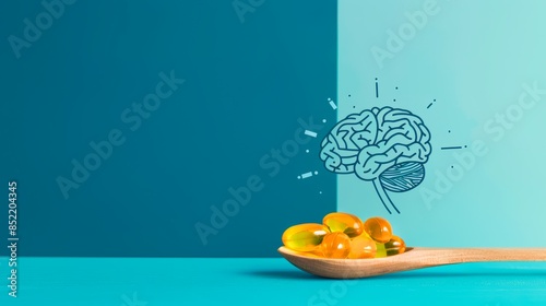 Fish oil capsules with omega 3 in a wooden spoon. Omega 3 benefits for brain