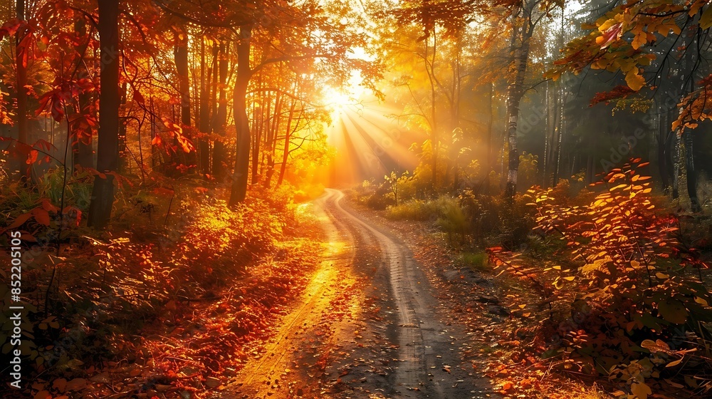 Fototapeta premium Forest Road sun shining through trees on a road