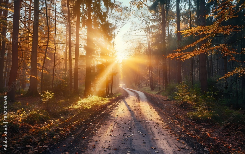 Obraz premium Forest Road sun shining through trees on a road