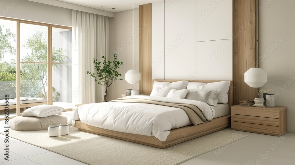 Fototapeta premium Contemporary bedroom with beige wood furniture and white accents, minimalist,