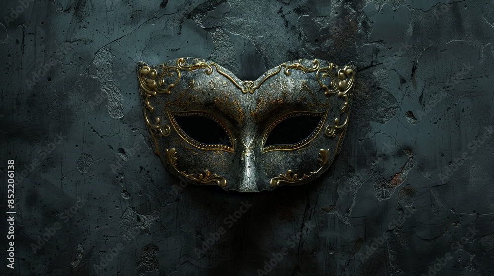 Naklejka premium Black and Gold Venetian Mask on Dark Textured Surface