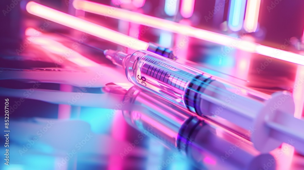 Syringe production design with a modern and clean with neon light. ready for injection Syringe production design with a modern and clean with neon light. ready for injection