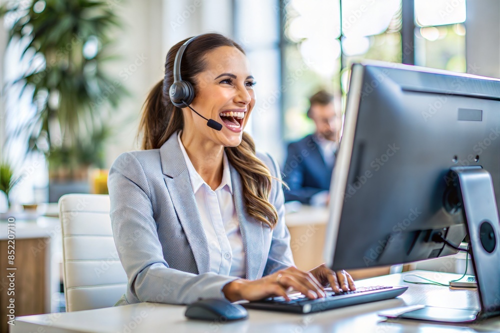 A customer service representative wearing a headset, laughing joyfully while working at her desk.

