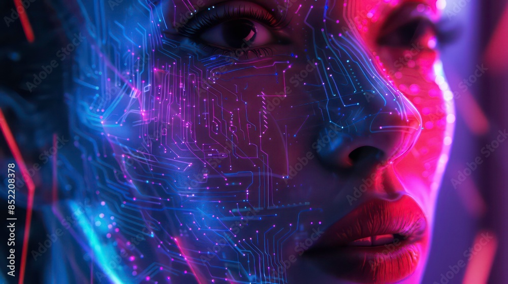 A striking portrayal of an AI-generated face, mapped out with digital circuitry and neon glows, illustrating concepts of artificial intelligence and the future of tech
