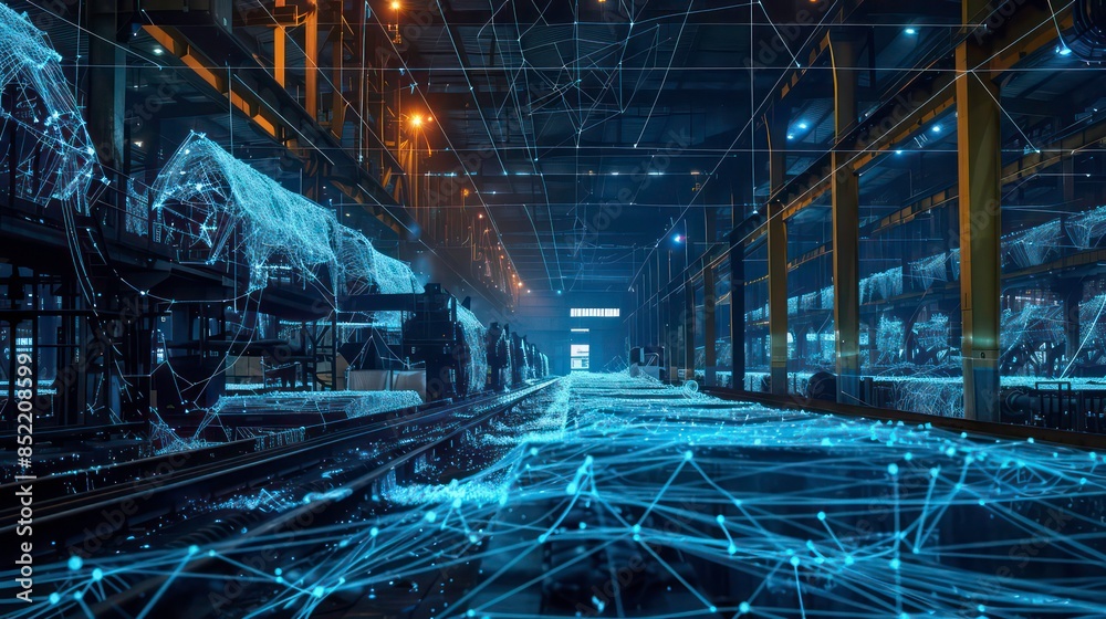 A steel mill with a lot of hot steel, blue lines like a web with imitation of IT infrastructure everywhere, wifi network, data transmission over the air.