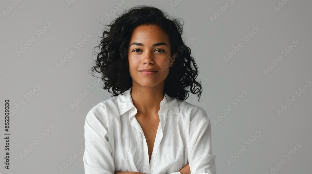 Confident young woman with curly hair stands against a plain gray background, wearing a white shirt. She has a composed expression and her arms are crossed, conveying strength and self-assurance. Confident young woman with curly hair stands against a plain gray background, wearing a white shirt. She has a composed expression and her arms are crossed, conveying strength and self-assurance.