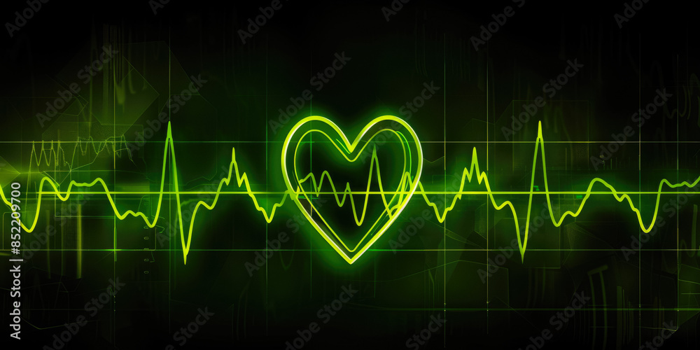 Naklejka premium Neon Green Heartbeat Line On Dark Neutral Background For Wallpaper Created Using Artificial Intelligence