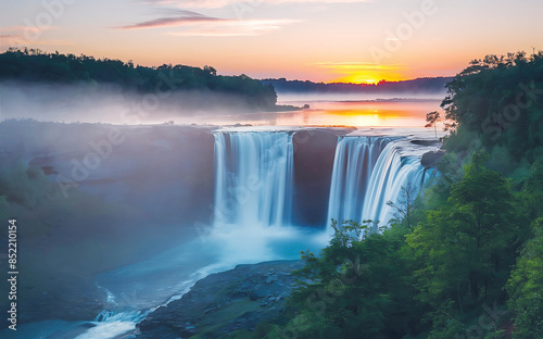 Scenic view of Upper Catabwa Falls at sunset or sunrise, Hiking in Western North Carolina with Cascading Waterfall Landscape rewards, Beautiful Waterfall Landscape Photography in  spring 