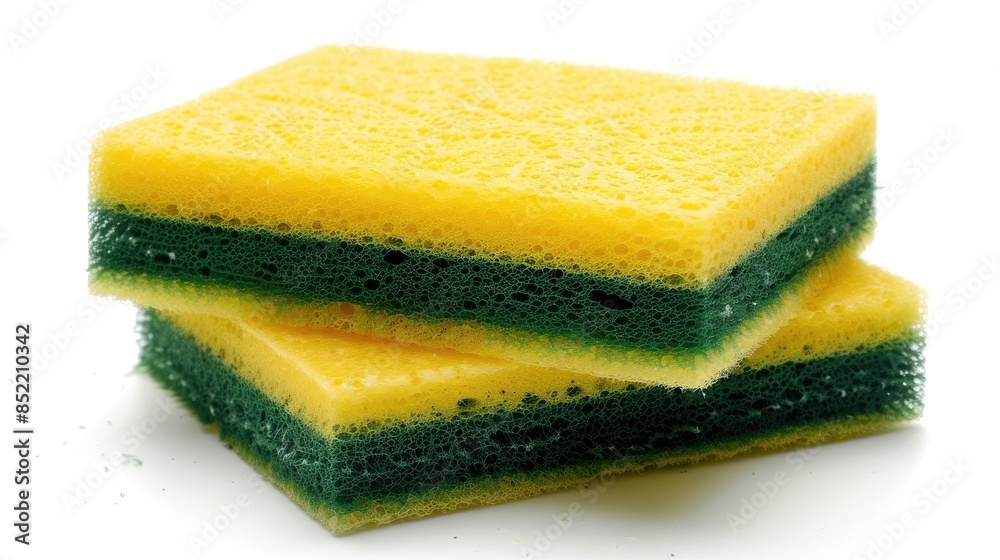 Yellow and green scrub sponge isolated on a white background for dishwashing Yellow and green scrub sponge isolated on a white background for dishwashing