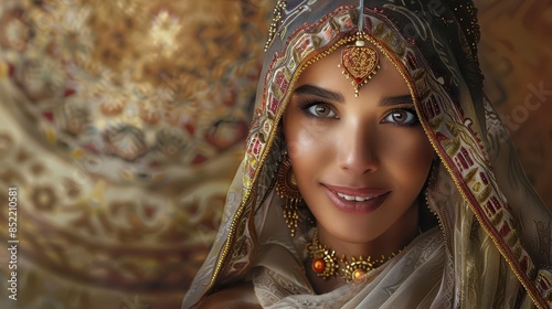 enchanting moroccan muse striking portrait of beautiful moroccan woman in traditional attire captivating gaze and radiant smile celebrating cultural heritage digital art photo