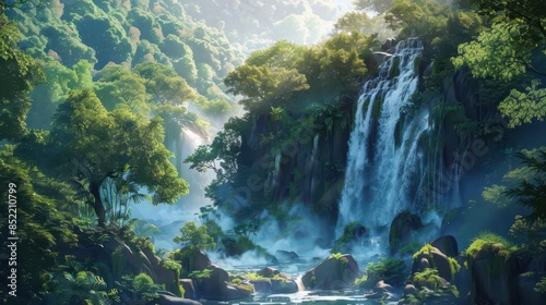 enchanting waterfall cascading through lush forest aigenerated artwork