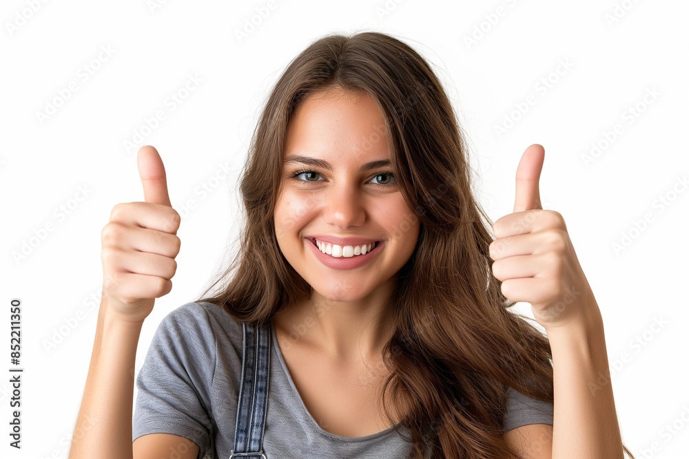 Young happy English woman isolated on white background showing an OK sign and a thumbs up gesture. Perfect for illustrating positivity, confidence, and approval. Young happy English woman isolated on white background showing an OK sign and a thumbs up gesture. Perfect for illustrating positivity, confidence, and approval.