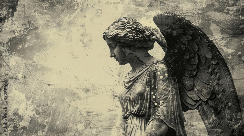 Fototapeta premium ethereal greek angel statue with wings vintage grainy texture black and white illustration