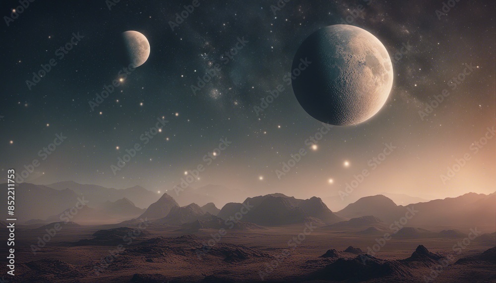 Multiple moons hang over jagged mountains as the starry sky fades into dusk, casting an otherworldly glow over the surreal sci-fi landscape. Multiple moons hang over jagged mountains as the starry sky fades into dusk, casting an otherworldly glow over the surreal sci-fi landscape.