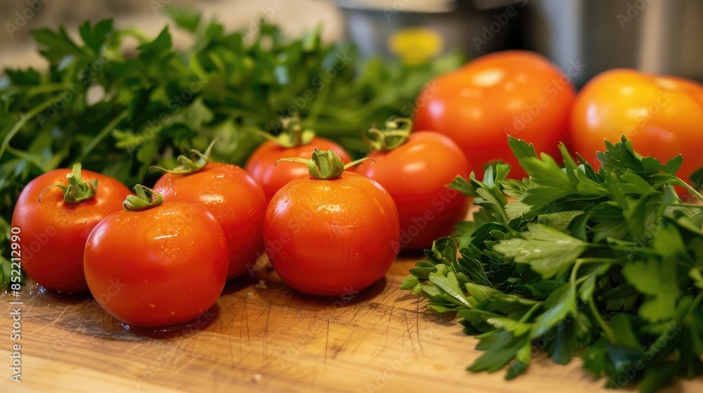 Studio shot of tomatoes and parsley on a cutting board Studio shot of tomatoes and parsley on a cutting board