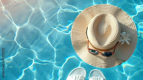 Dive into summer with this vibrant image featuring a sun hat adorned with a white flower and sunglasses floating in a clear