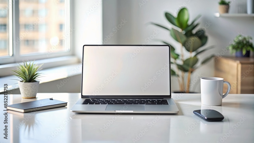 Fototapeta premium Modern laptop with blank screen situated on a white table accompanied by a mouse and smartphone amidst a minimalist home or office interior backdrop.
