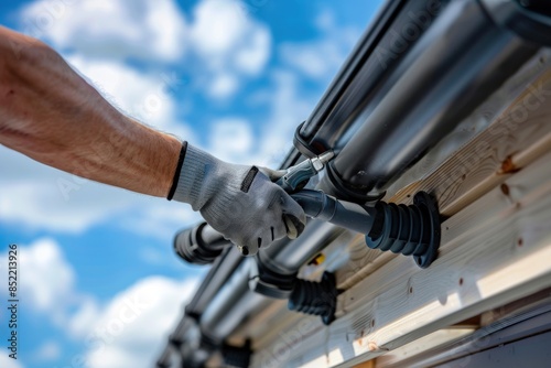 A man is working on a roof, wearing gloves and a hard hat