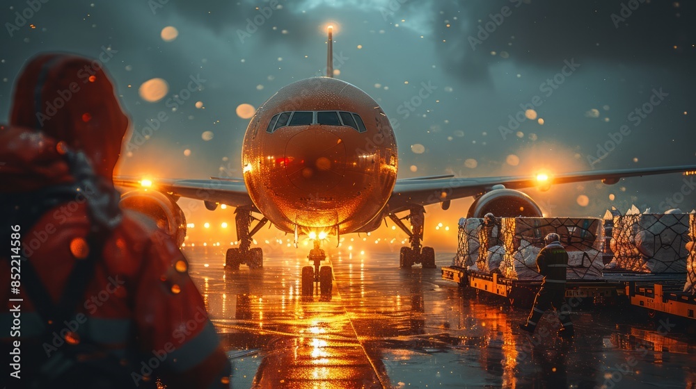 Freight handlers loading bulky items onto aircraft, managing cargo distribution for efficient flights.