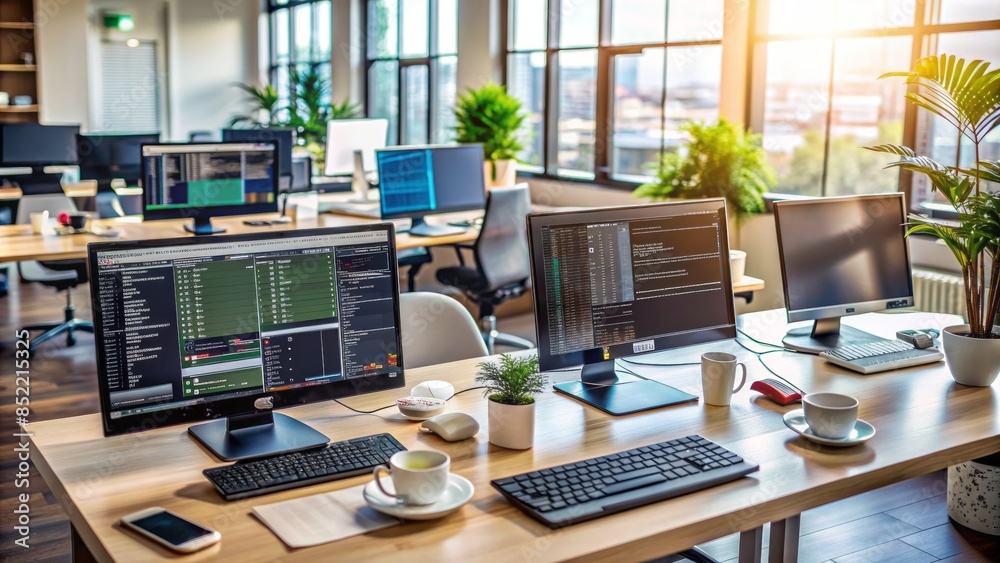 Modern computers and monitors displaying coding language on screens amidst cluttered desks with software development tools and empty coffee cups in a busy office setting. Modern computers and monitors displaying coding language on screens amidst cluttered desks with software development tools and empty coffee cups in a busy office setting.