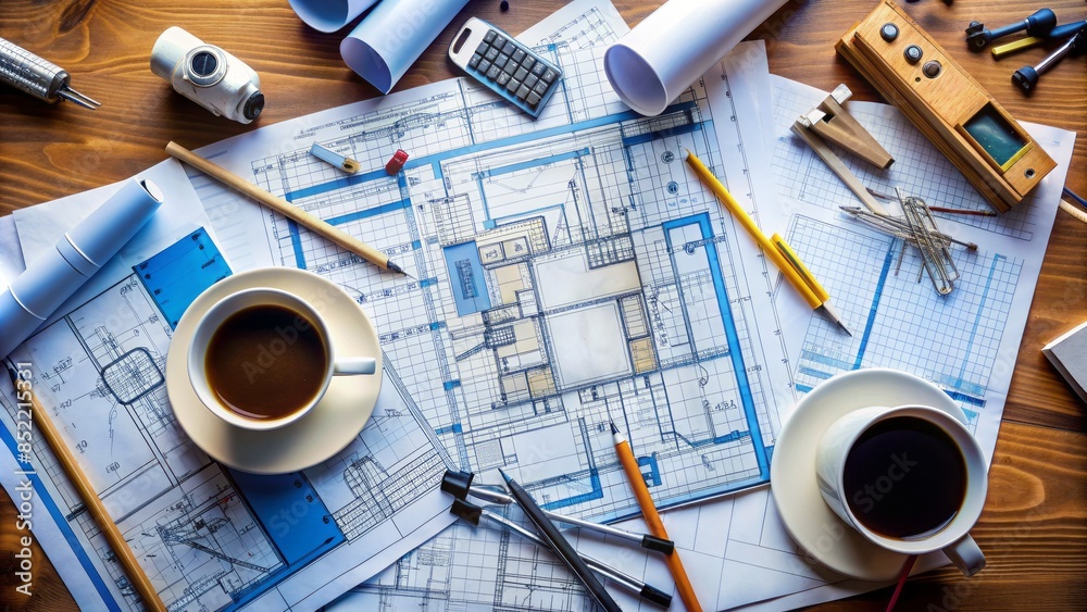 Workbench cluttered with tools and blueprints, calculators, and coffee ...