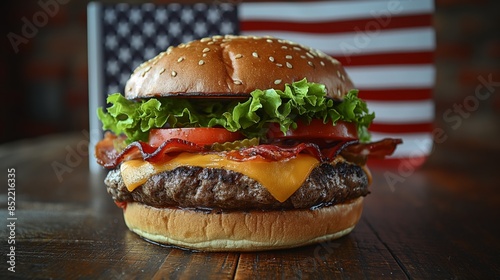 All-American Delight: Juicy Cheeseburger with Iconic American Flag Background