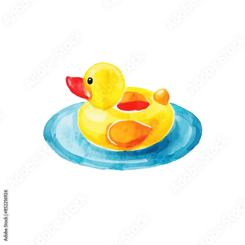 水に浮かぶ黄色いアヒルのおもちゃの手書き水彩イラスト　白背景の切り抜き