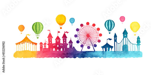 遊園地のシルエットのカラフルな水彩イラスト　白背景の切り抜き