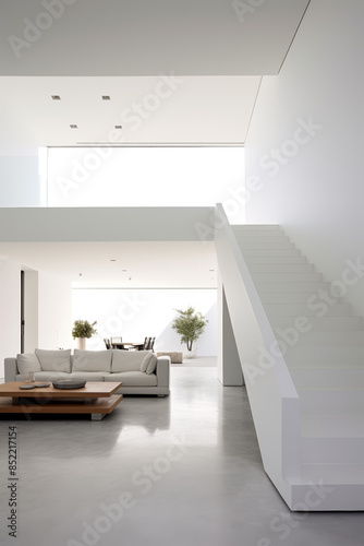 Minimalist home interior, stark white walls, clean lines, eye-level shot © Xyeppup