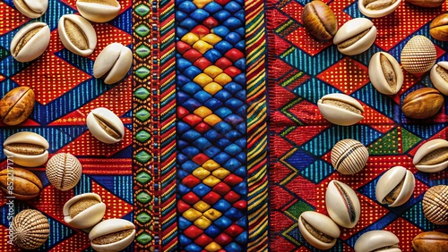 Vibrant abstract juneteenth background featuring bold red, white, and blue hues, african patterns, and subtle cowry shells, evoking freedom, culture, and celebration. photo